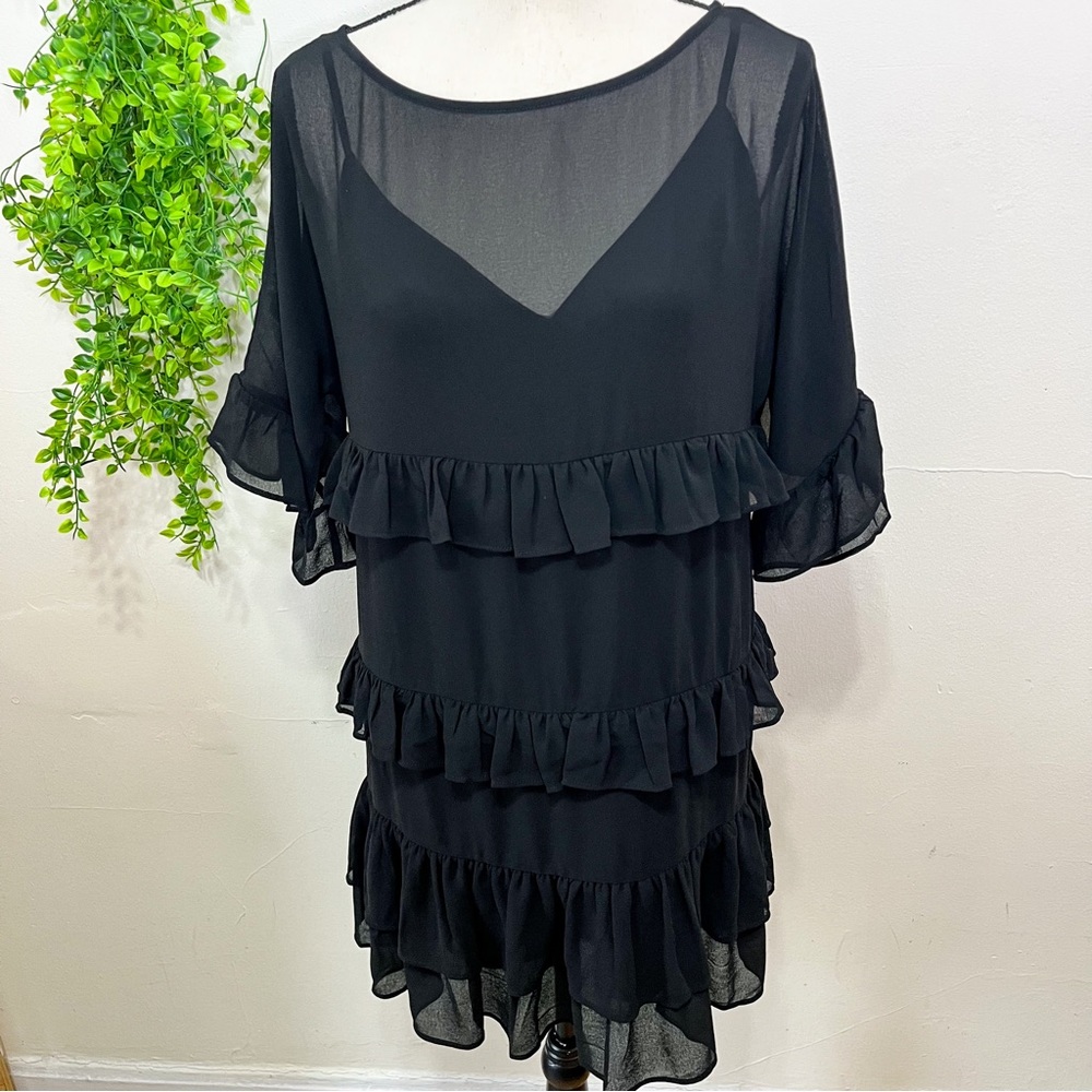 Lovers and Friends Chiffon Black Ruffle Tiered Mini Dress Small‎